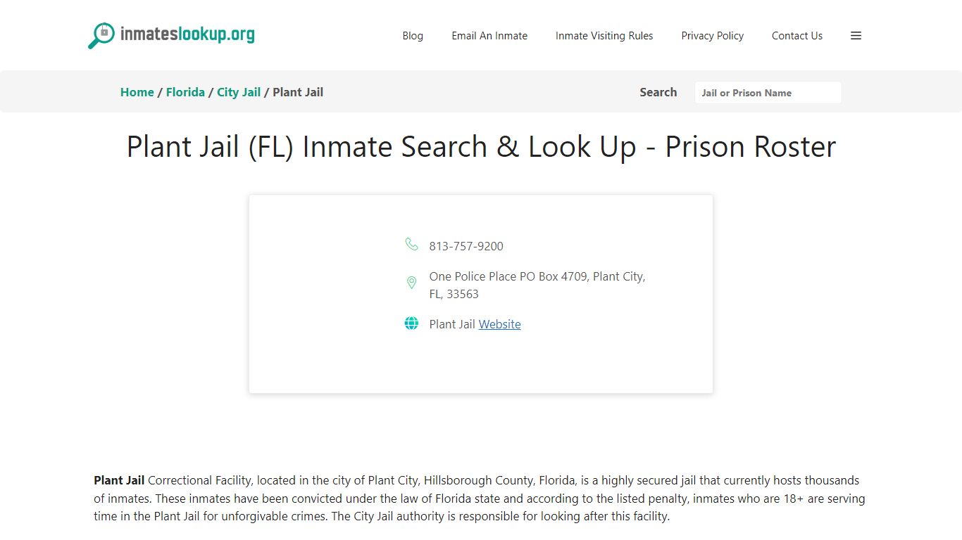 Plant Jail (FL) Inmate Search & Look Up - Prison Roster